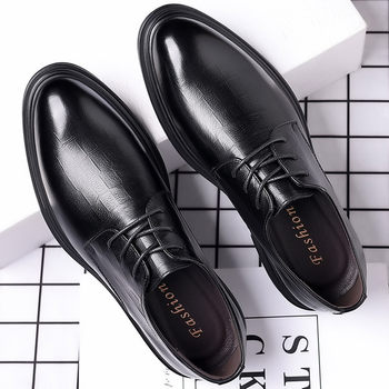 Autumn Derby Leather Shoes for Men, Genuine Leather, Soft Sole, Business Formal Wear, Casual Thick Sole, Height-Increasing, British Style, Black Groom Wedding Shoes