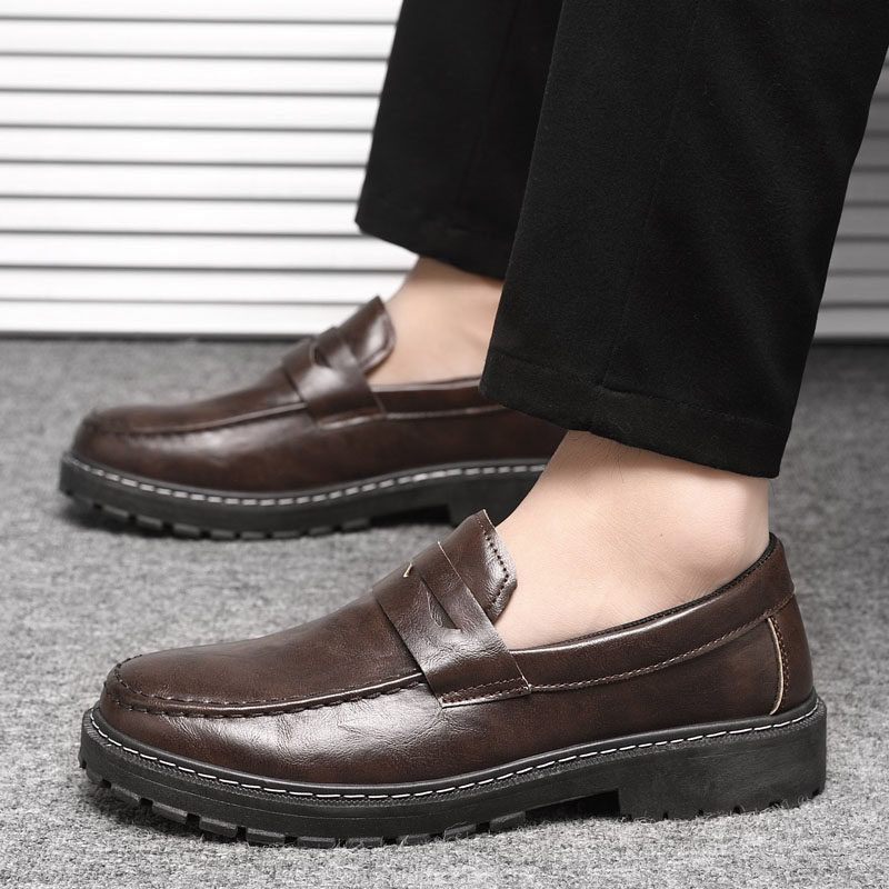 Autumn Leather Shoes for Men, Business Formal Low-Top Loafers, Slip-On Moccasins, Round-Toe Thick-Soled Casual Trendy Shoes