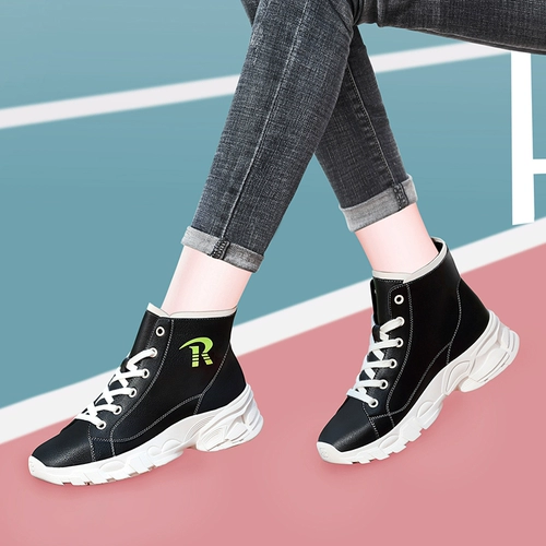 Туфли, высокая белая обувь, модные короткие сапоги, высокие зимние универсальные кроссовки, из натуральной кожи, 2019