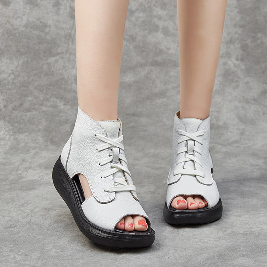 头层牛皮女鞋夏季新款凉靴露趾厚底松糕跟系带女靴韩版时装靴