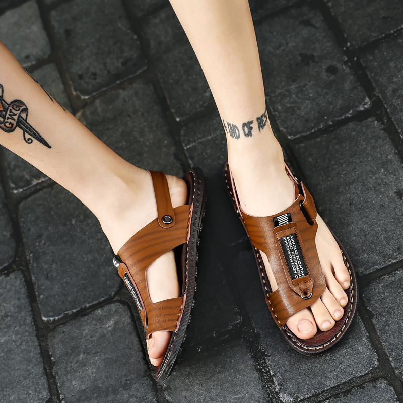 Leather sandals men's beach shoes summer tide casual flip-flops personality fashion outer wear dual-use outdoor soft bottom slippers men