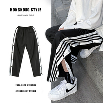 Net red breasted pants mens trend fried street handsome summer loose straight three-bar casual sports pants open wide legs