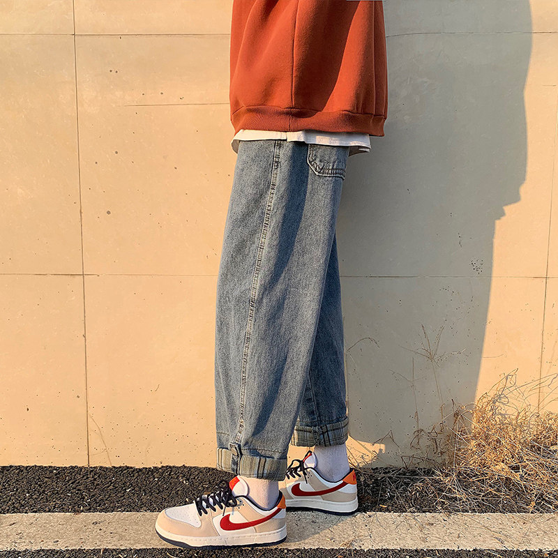 Jeans men's trousers Hong Kong wind high Street 2021 new spring and summer trend brand loose straight Ruffian handsome ins casual 99 points