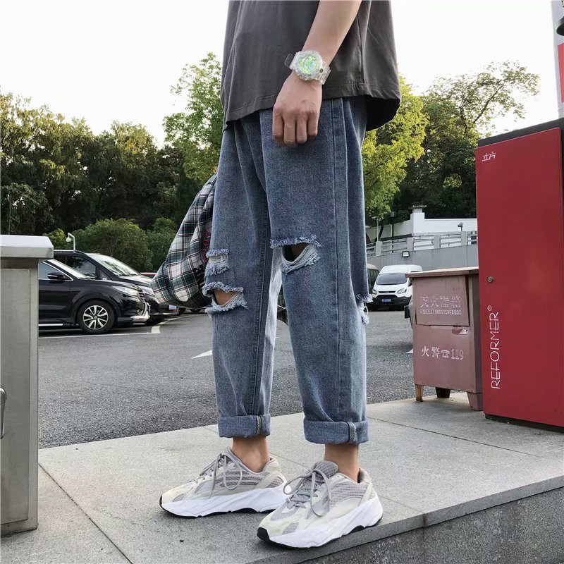 Pierced denim pants trendy men's straight pants with trendy ruffian handsome spring and autumn beggars nine points Hong Kong style advanced feeling