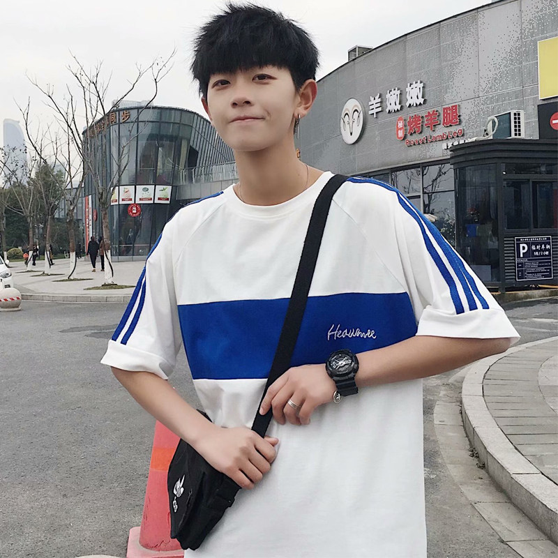 Short sleeve T-shirt Male Chains Tide Cards Half Sleeve High School Junior High School Students Clothes Korean version Trend Port Wind Summer Youth