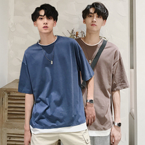 Fake two short-sleeved t-shirt mens summer loose trend handsome 2021 new couple ins super fire net red summer
