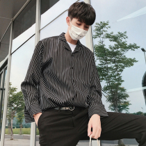 Striped shirt mens long-sleeved Korean version of the trend loose ruffian handsome shirt tide mens clothes with Hong Kong style Japanese