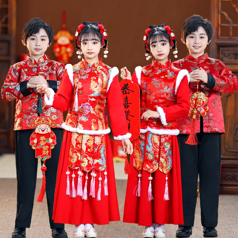 Children's Year of the Year dress for male and female Chinese New Year's festive clothes girl Chinese wind gushed thickened suit New Year's Eve performance-Taobao