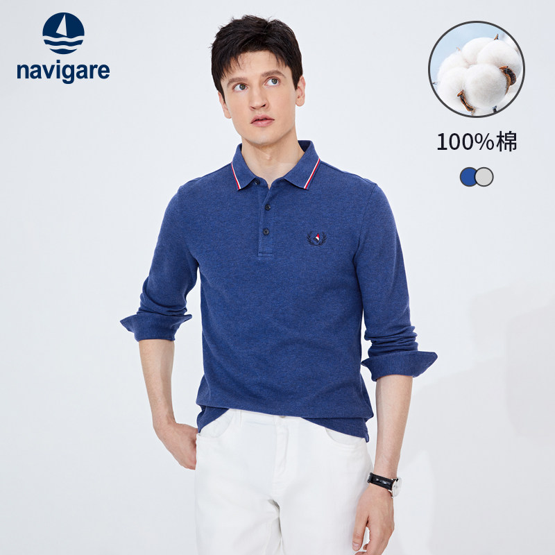 Pure cotton] NavigaCare Italy small sailing fall blue long sleeve polo shirt men casual turtlenect t-shirts-Taobao