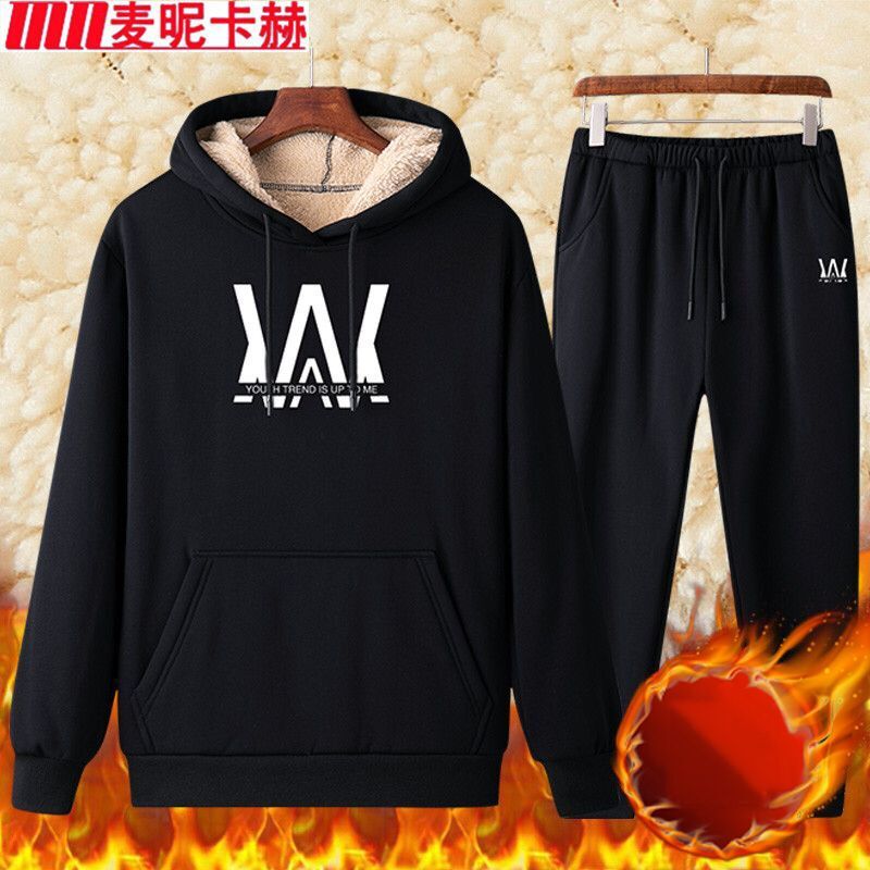 男士连帽卫衣秋冬款加绒加厚宽松冬季潮流休闲潮牌外套男运动套装