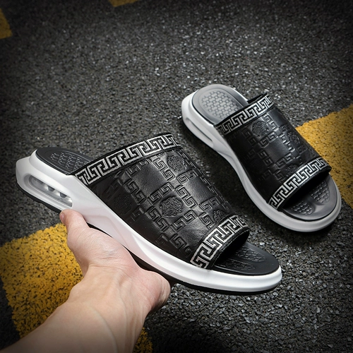 Летние тапочки, мужские трендовые слайдеры, нескользящий кушон, 2020, из натуральной кожи, мягкая подошва