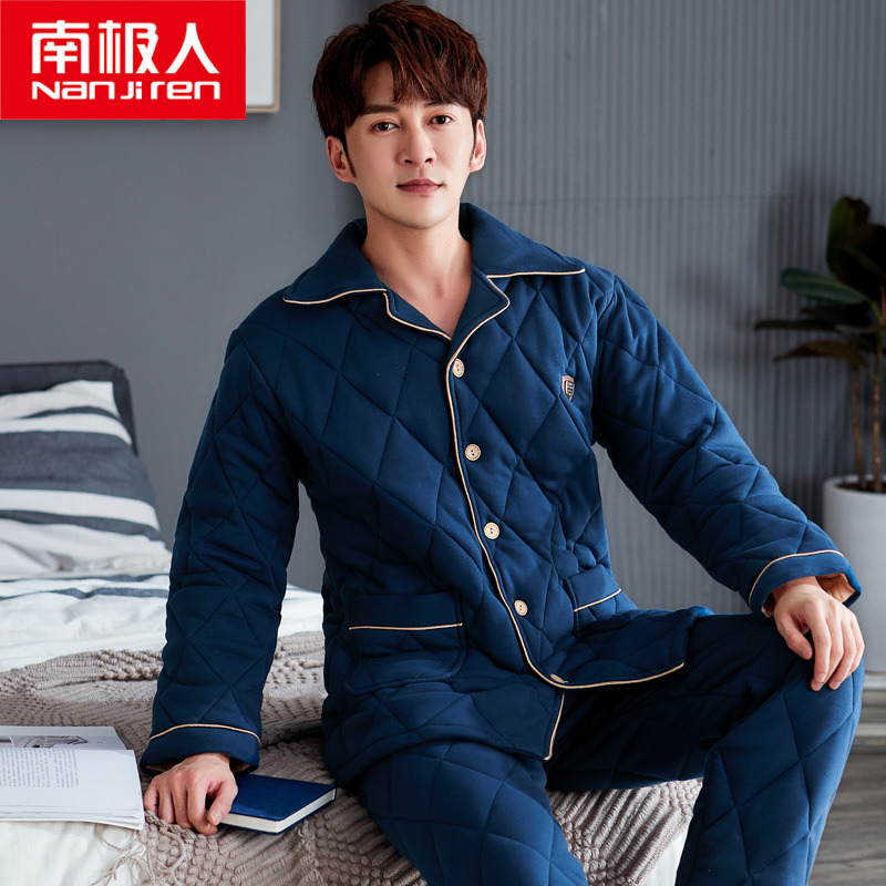 Winter Men Sleeping Clothes Autumn Winter Style Long Sleeves Three Layers Thickened Pure Cotton Gcotton Home Conserved Men's Clips Cotton Fever Sweatpants