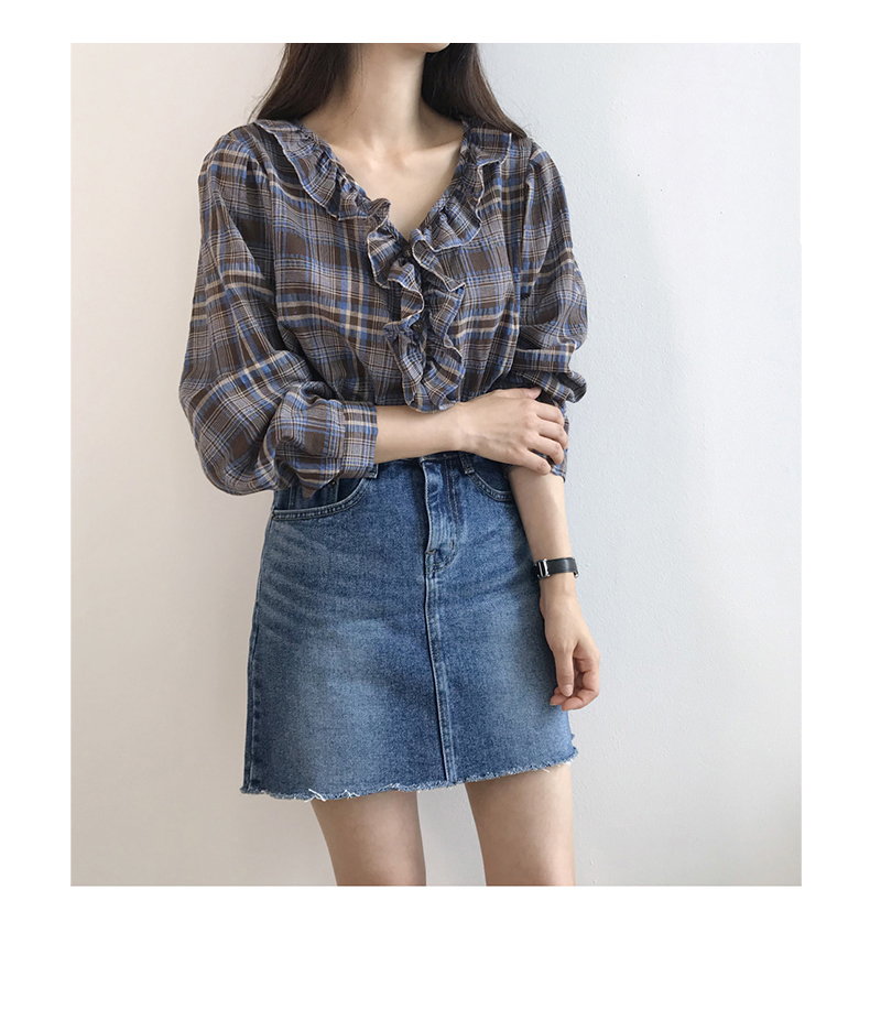 Xuân 2018 mới xù lông cổ chữ V mỏng Hàn Quốc phiên bản áo dài kẻ sọc retro sang trọng buông thả nữ Han Fan áo khoác sơ mi nữ