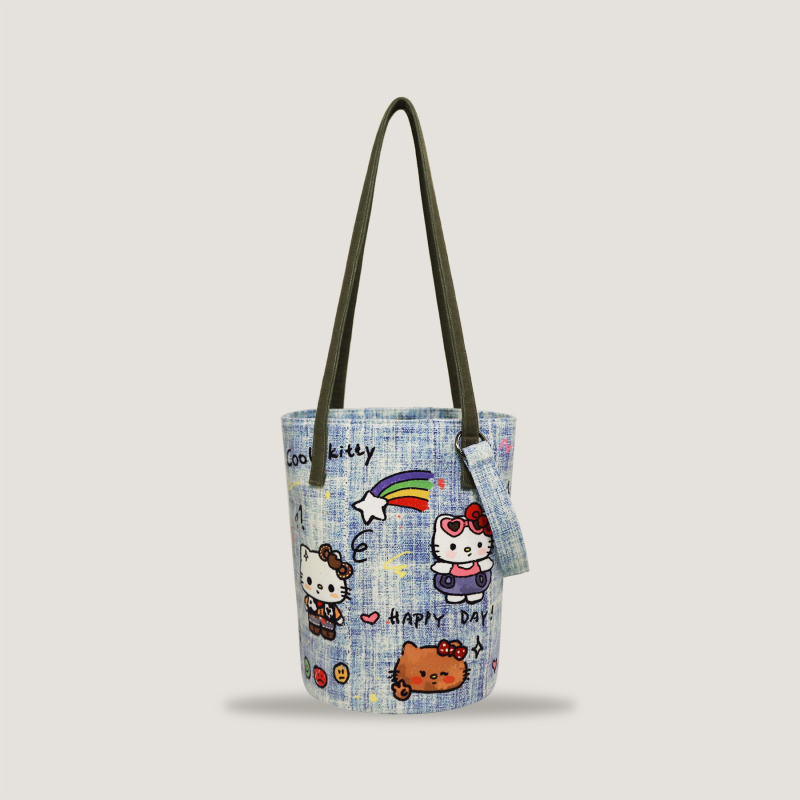 Original Cute Cartoon Denim Katie Print Versatile Fashion Commuter Shoulder Crossbody Zipper Bucket Canvas Bag