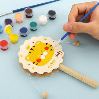 木质手绘拨浪鼓diy儿童玩具幼儿园美术课涂鸦画材料白胚手摇乐器