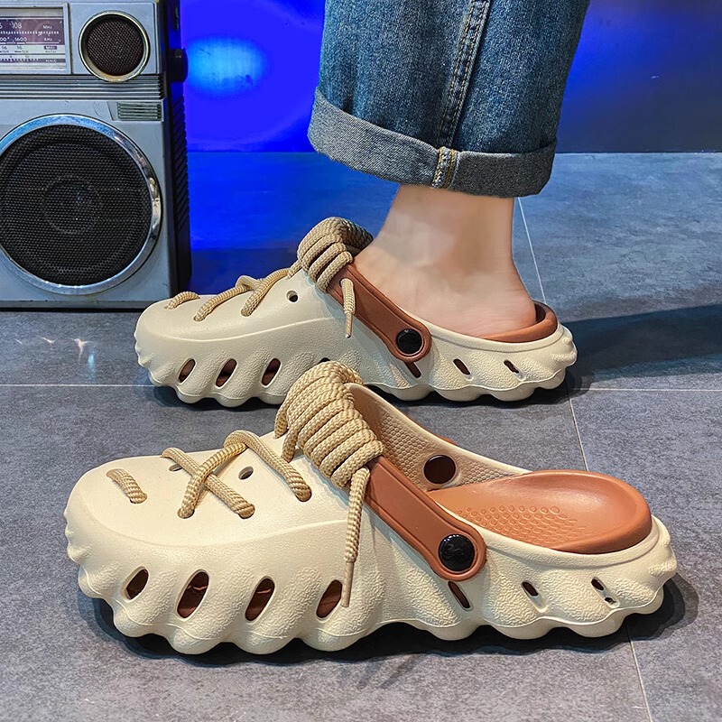 Men's Summer Outdoor Clogs with Unique Laces, Office Slippers with a Soft, Cushioned Feel, Non-Slip Beach Closed-Toe Sandals