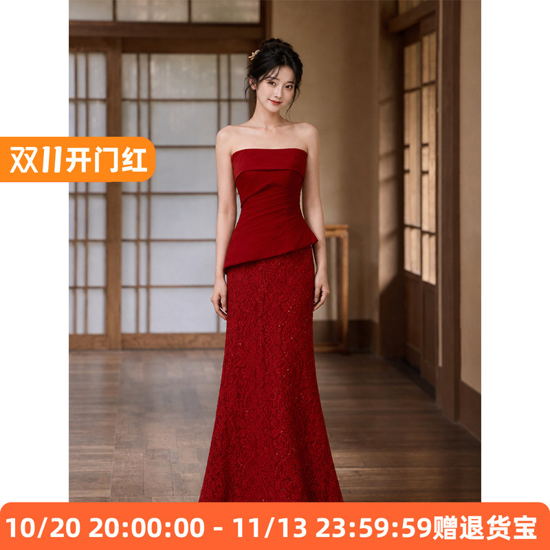 2026 New Style High-End Light Luxury Engagement Dress for the Bride, Strapless Banquet Host Wine Red Gown 2026 New Style High-End Light Luxury Engagement Dress for the Bride, Strapless Banquet Host Wine Red Gown