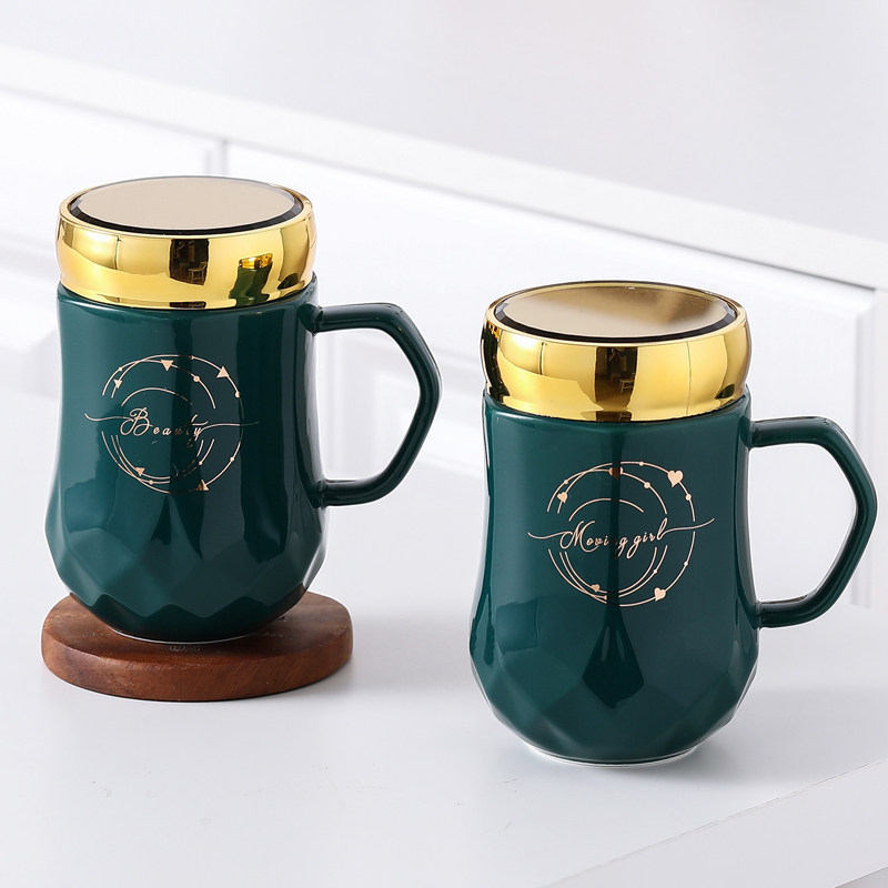 Creative Trend Mirror Cup Ceramic Mark Cup with Spoon Personality Office large capacity for men and women's household water cup