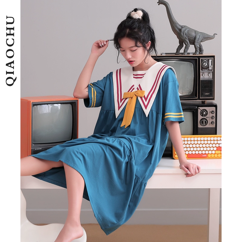 Váy ngủ nữ mùa hè cotton tinh khiết ngắn tay cô gái dễ thương dài giữa phong cách Hàn Quốc nhỏ tươi mát ký túc xá sinh viên đồ ngủ váy mỏng - Đêm đầm
