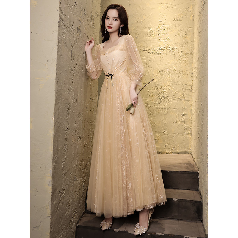 Champagne evening dress skirt female 2022 new banquet temperament host light luxury niche high-end atmospheric dress