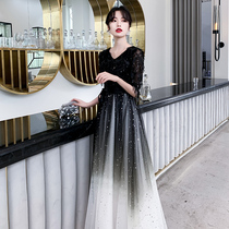 Black shoulder tassel evening dress dress female noble temperament celebrity banquet aura Queen long style can usually wear annual meeting