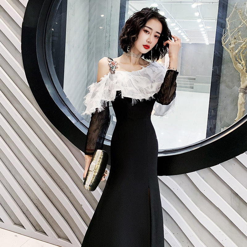 Black evening dress female 2022 new one-shoulder banquet temperament celebrity long version fishtail noble light luxury niche high-end