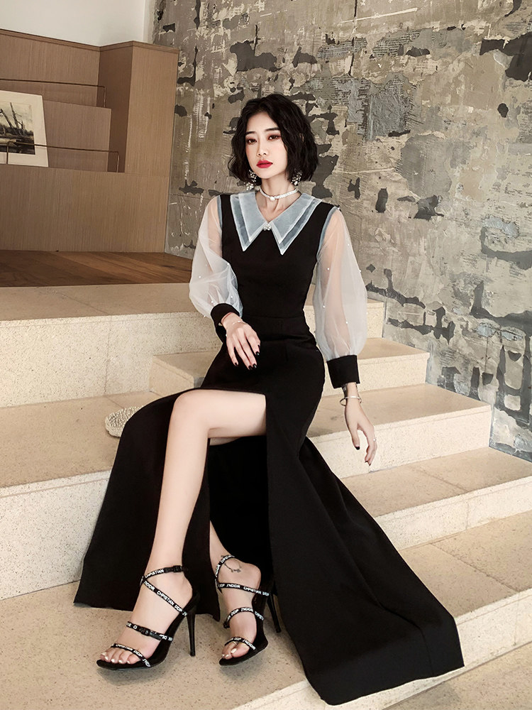 Black evening dress skirt female 2021 new banquet temperament long section gas field queen host light luxury niche high-end