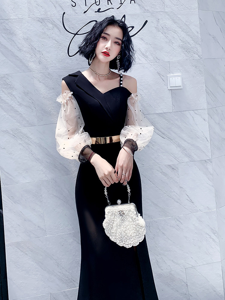Black small evening dress female banquet socialite temperament host dress summer can usually wear light luxury sexy summer
