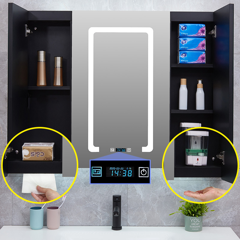 Smart mirror cabinet hanging wall type stainless steel black bathroom with lamp mirror case dressing room handwashing liquid extraction toilet paper mirror cabinet