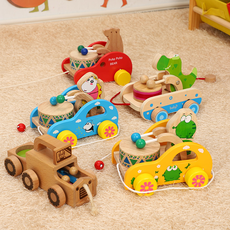 Baby wooden tractor baby walker pulls drum toy hand pull rope pull line children's trolley toy