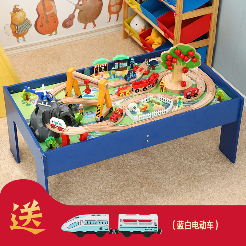 Children's wooden magnetic sliding train track table Puzzle Toy Electric large car parking assembled Building Blocks Suit