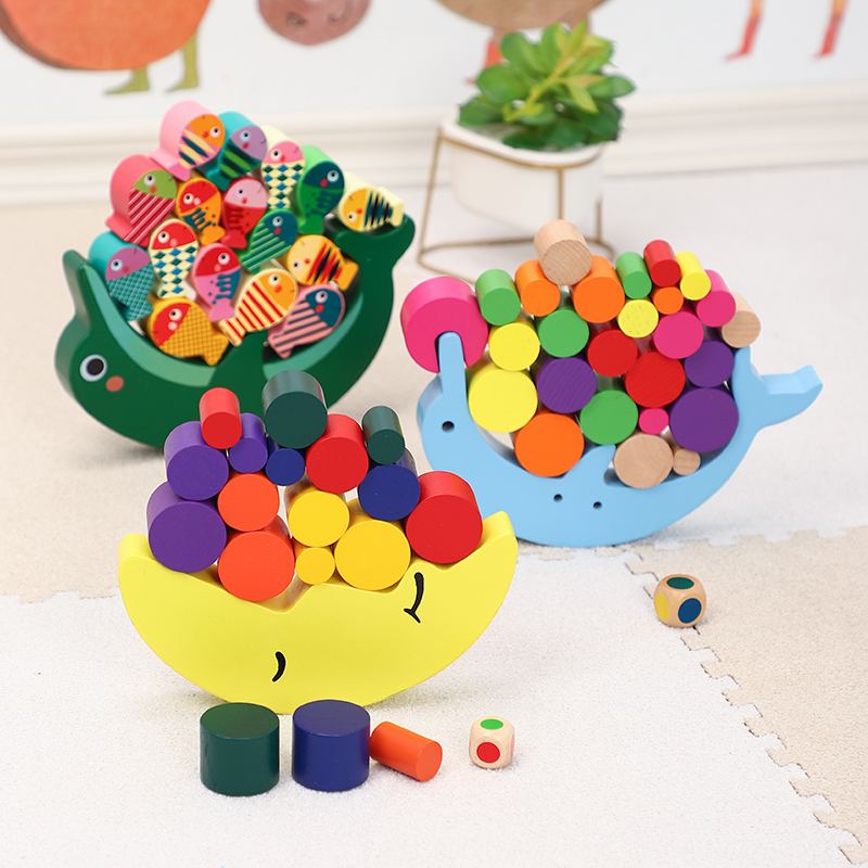 Children's wooden dolphin balance beam Toy Moon tumbler Game Stacked high stacked music building blocks Hand-eye coordination