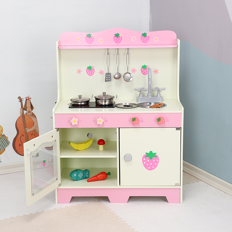 Children's wooden simulation kitchen girl posing as a family wine toy hands-on cooking and cutting to see the kindergarten hearth puzzle