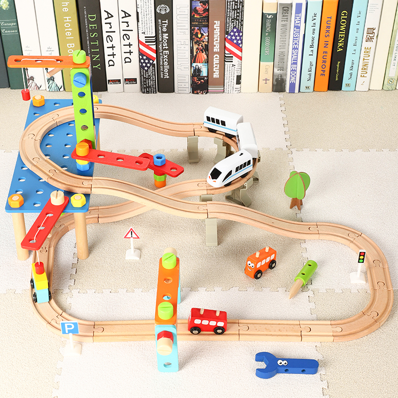 Wood Le Cool Electric Small Train Track Toy Sit-down Suit Children Puzzle Nut Dismantling Building Block Scene