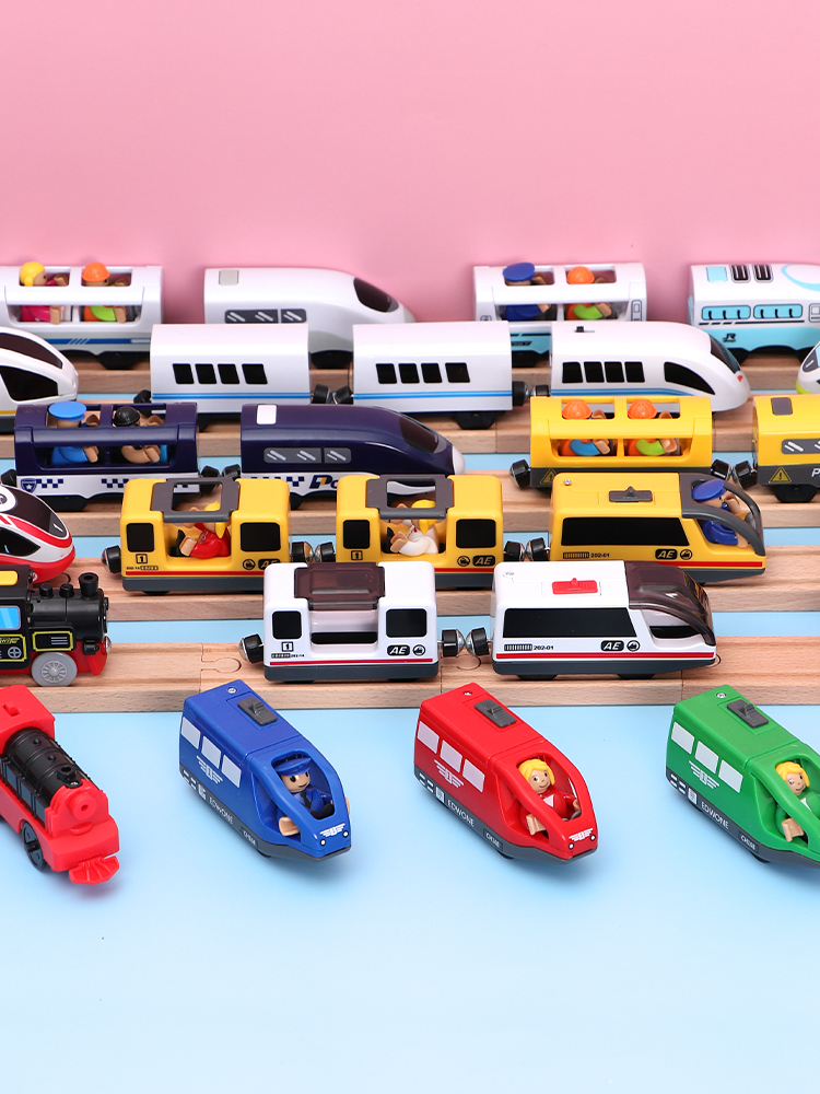 EDWONE electric small locomotive Wooden track cart head Le cool track compatible vintage electric bicycle truck toy