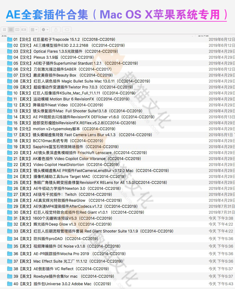 (全网首发)MAC系统AE插件合集抠像e3d Particula汉化特效粒子光效调色全套插件一键安装包