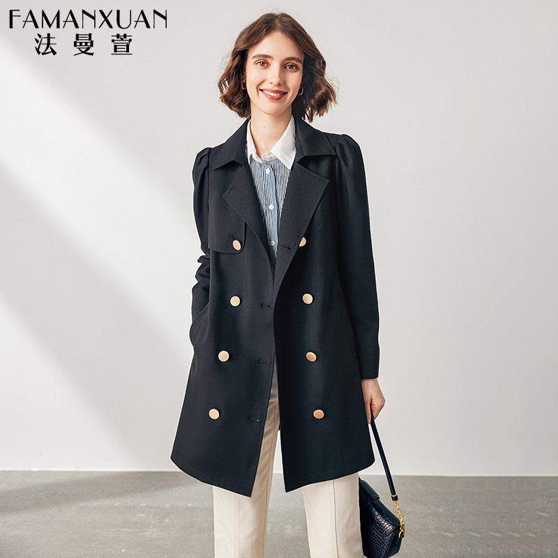 Farman Hacen Black Wool Fashion Windjersey Woman Autumn 2023 New Superior Sense small commuter with long jacket-Taobao