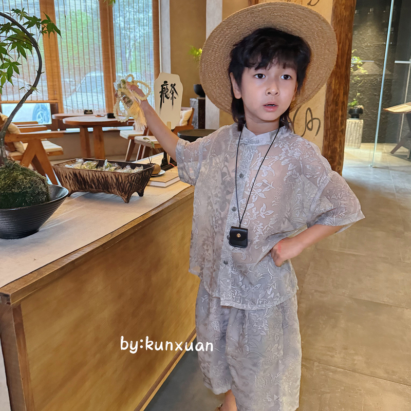 [in Stock] Kunxuan Qianchuan Youth 2026 Boys' Summer New Chinese Style Floral Cutout Set Su77T134