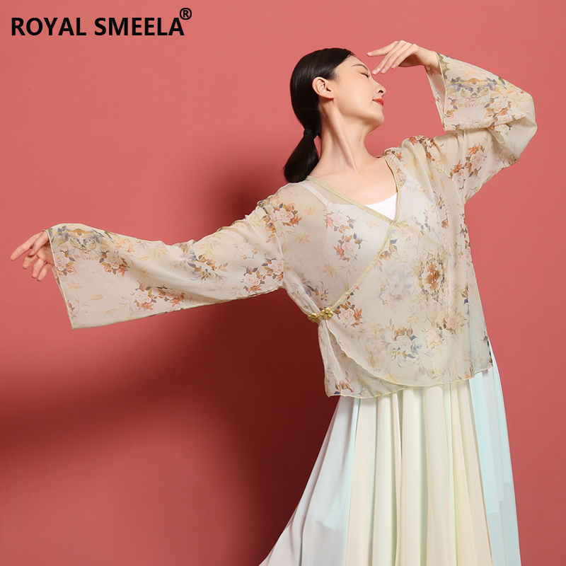 Classical dress spring printing spring horn sleeves Chinese dance rhyme dress loose clothing dance dress