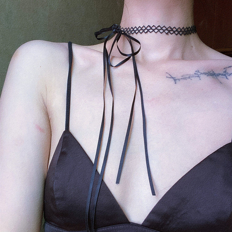 Lou Haha] black lace choker strap without buckle bow basic necklace clavicle chain long neck strap