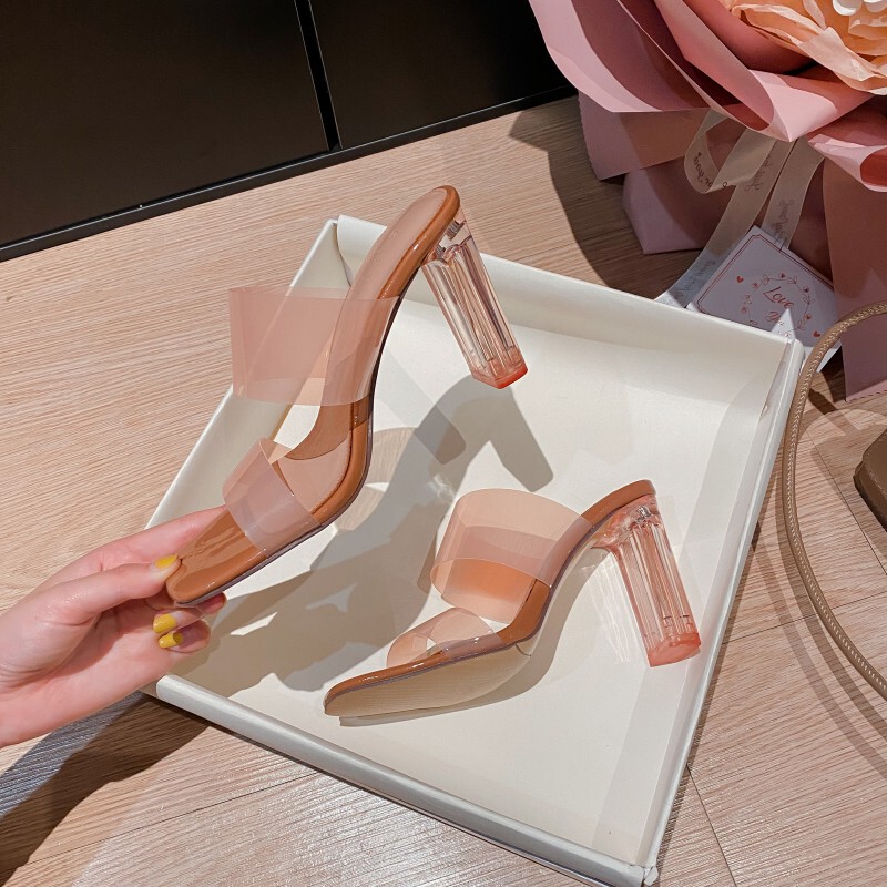 Emuy Transparent High-Heeled Shoes for Women, New Summer Style, Elegant Ladylike Crystal Outerwear Slippers, Nude Square Toe Thick Heel Sandals