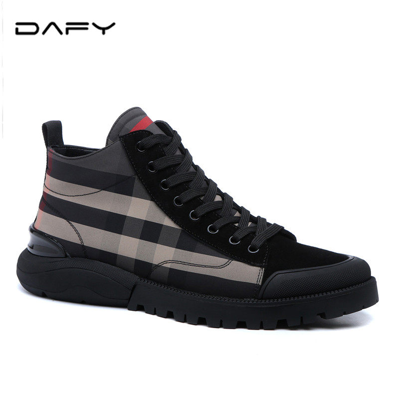 Light extravagant brand Korean version trendy high cylinder leather shoes men 100 hitch plaid lace cotton shoes Inn wind leisure men's clothing youth