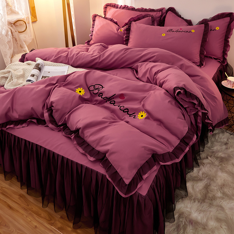 Korean version of bean paste red four-piece set of pure cotton quilt cover girl lace bed skirt princess style all cotton side quilt cover bed cover