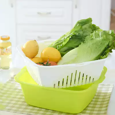Double wash basket drain basket wash vegetable drain basin filter blue plastic pan pan kitchen household wash fruit plate