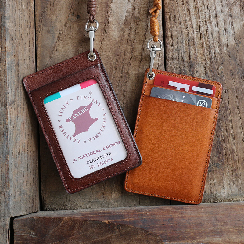 Japan and South Korea original vegetable tanned cowhide ID card set handmade leather neck rope retro ID set badge work card tide