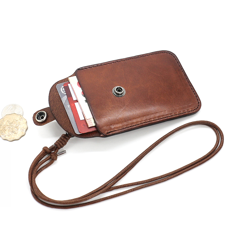 Handmade vegetable tanned cowhide card sleeve retro leather neck hanging rope bus card bag mini badge portable coin purse tide