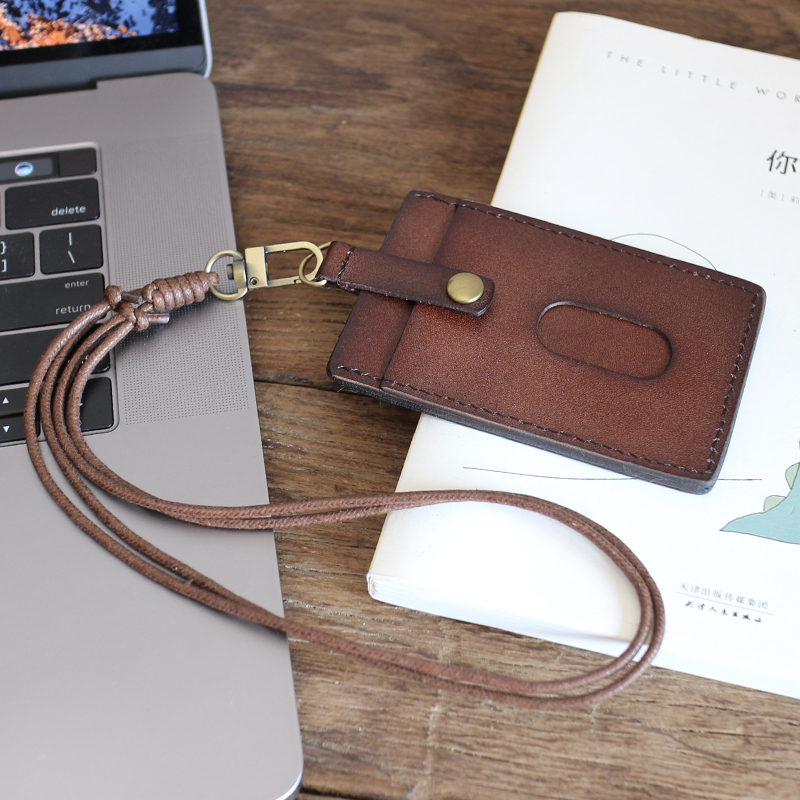 Japan-ROK original plant tanning cow leather cutting sleeve genuine leather retro hanging neck rope documents Working card Chest Card Student Card Tide