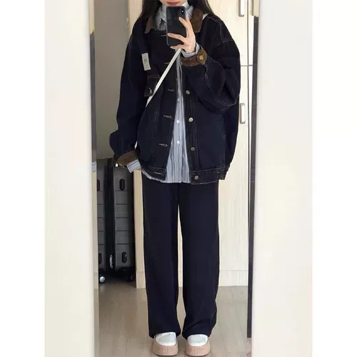 Ретро черная джинсовая осенняя дизайнерская куртка, в американском стиле, оверсайз, свободный крой