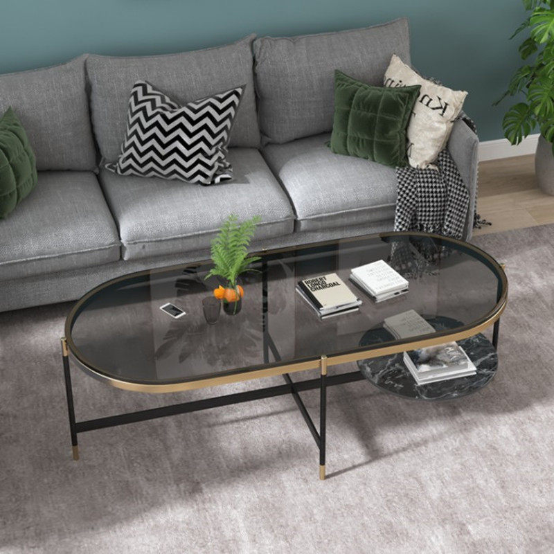 Nordic marble oval coffee table simple double-layer sofa side table living room home light luxury tempered glass tea table