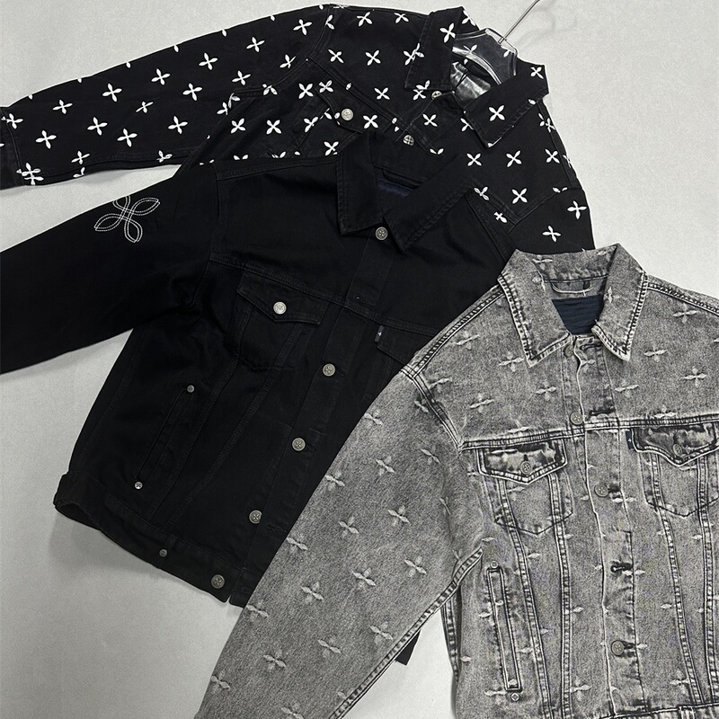 Premium Storm Garden Wide-Cut Denim Jacket, Washed Pure Cotton Black Coat, Cross-Pattern All-Over Printed Denim Jacket Premium Storm Garden Wide-Cut Denim Jacket, Washed Pure Cotton Black Coat, Cross-Pattern All-Over Printed Denim Jacket